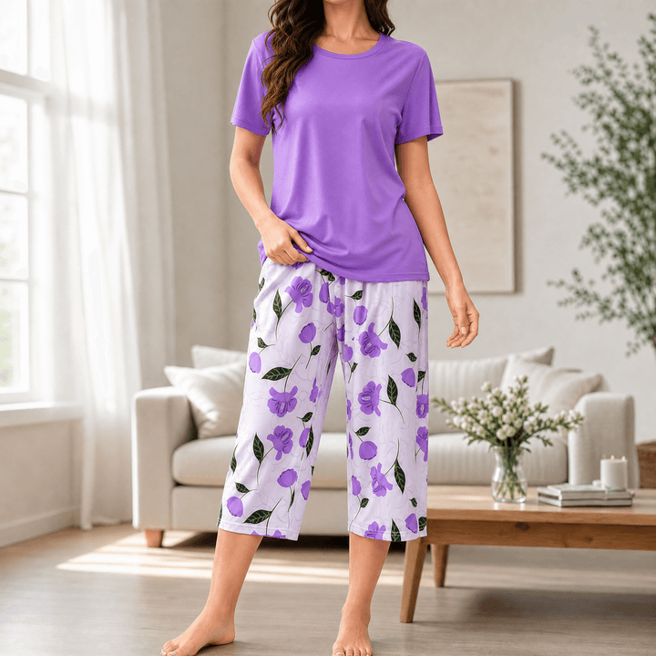 Sereya – Women's Breezy Floral Capri Pajama Set Lilac Purple / S