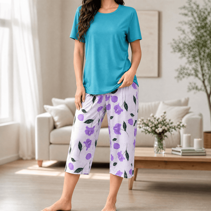 Sereya – Women's Breezy Floral Capri Pajama Set Teal Blue / S