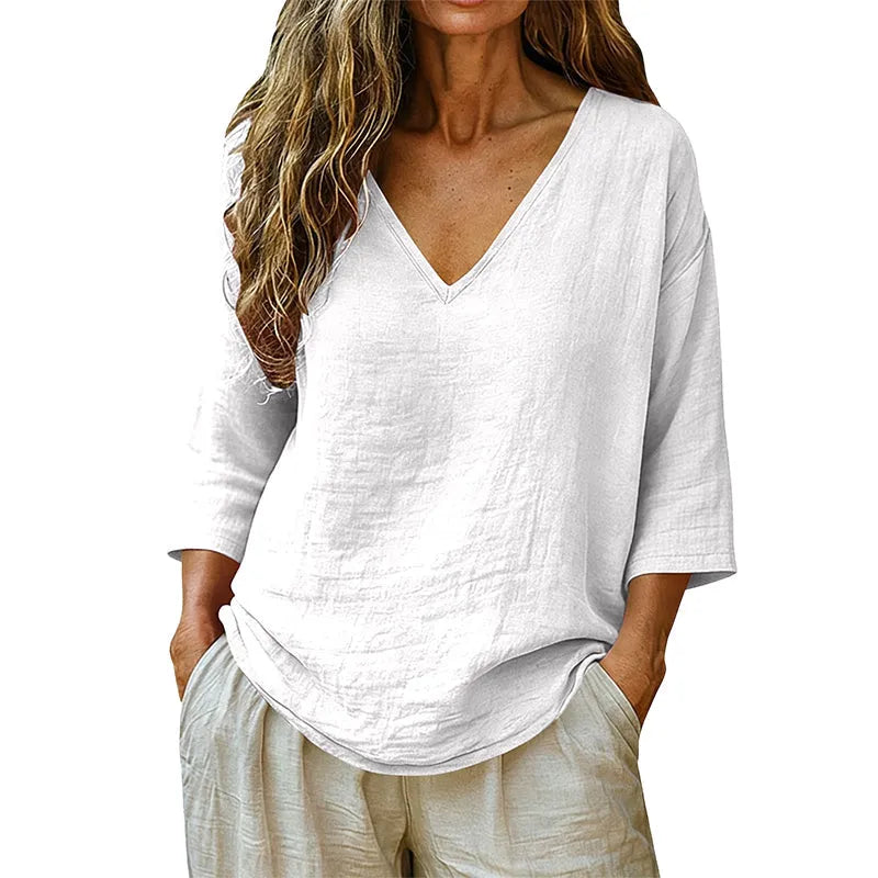 Sereva – Women's Relaxed V-Neck Blouse with Three-Quarter Sleeves and Curved Hem