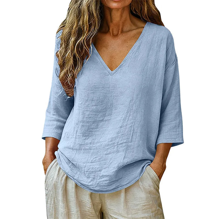 Sereva – Women's Relaxed V-Neck Blouse with Three-Quarter Sleeves and Curved Hem
