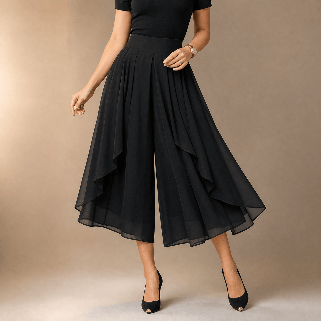 Sevella – Women's High-Waist Culottes with Skirt Drape Black