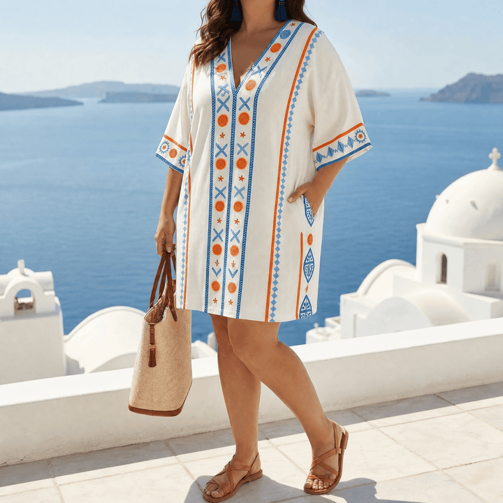 Sienna – Women's Embroidered Kaftan Mini Dress cream w/ blue geometric