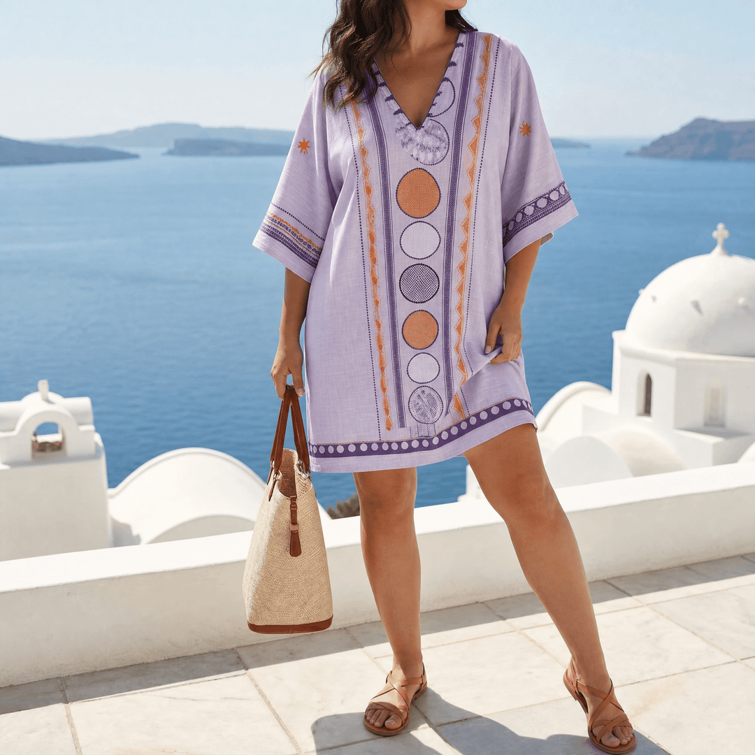 Sienna – Women's Embroidered Kaftan Mini Dress lavender w/ purple & orange