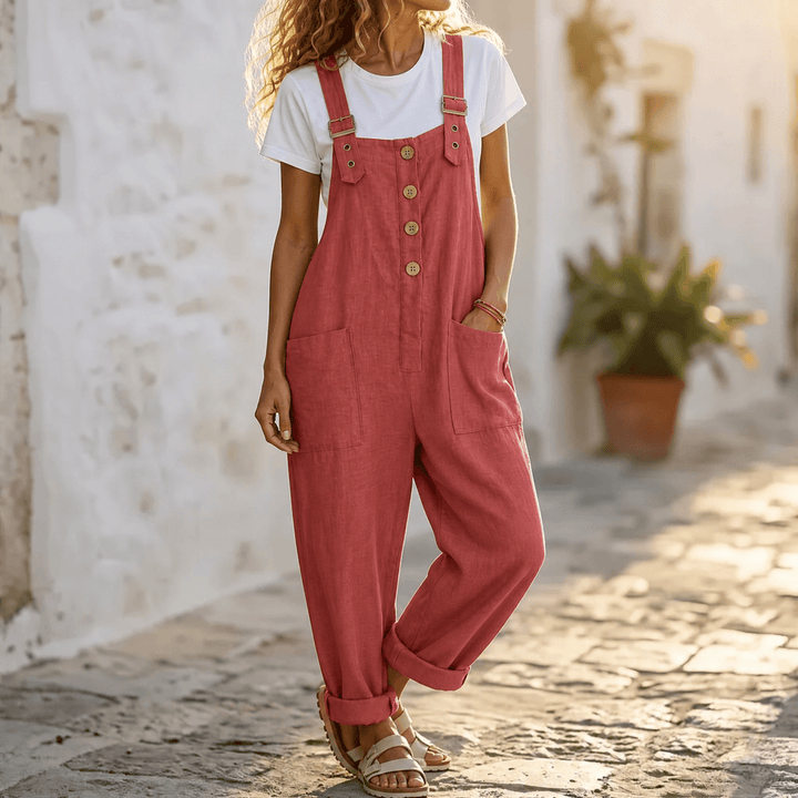 Slowlinen – Loose Button-Front Overalls Raspberry Red
