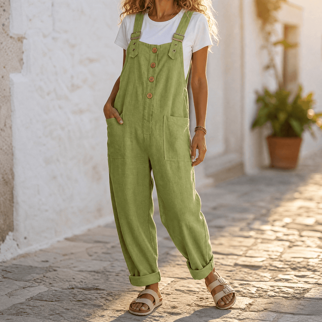 Slowlinen – Loose Button-Front Overalls Sage Green