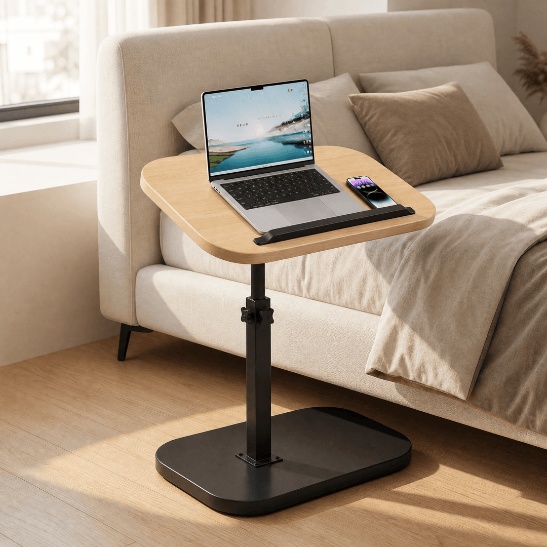 Sofadesk - C-shaped adjustable slide under sofa table Black frame + Natural wood top
