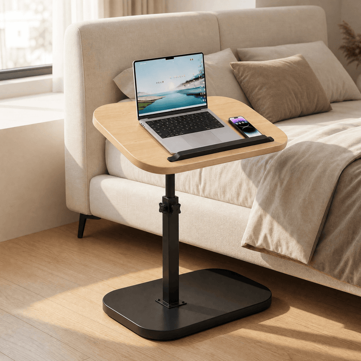 Sofadesk - C-shaped adjustable slide under sofa table Black frame + Natural wood top