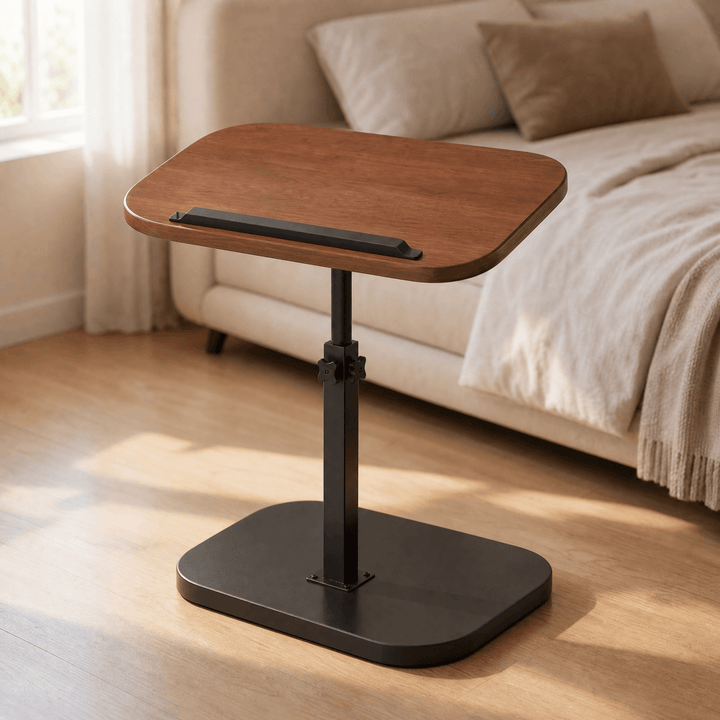 Sofadesk - C-shaped adjustable slide under sofa table Black frame + Walnut top