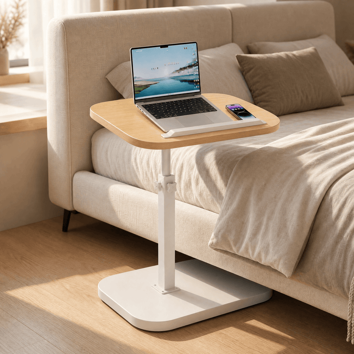 Sofadesk - C-shaped adjustable slide under sofa table White frame + Natural wood top
