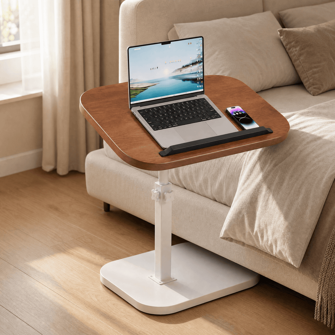 Sofadesk - C-shaped adjustable slide under sofa table White frame + Walnut top