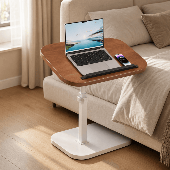 Sofadesk - C-shaped adjustable slide under sofa table White frame + Walnut top
