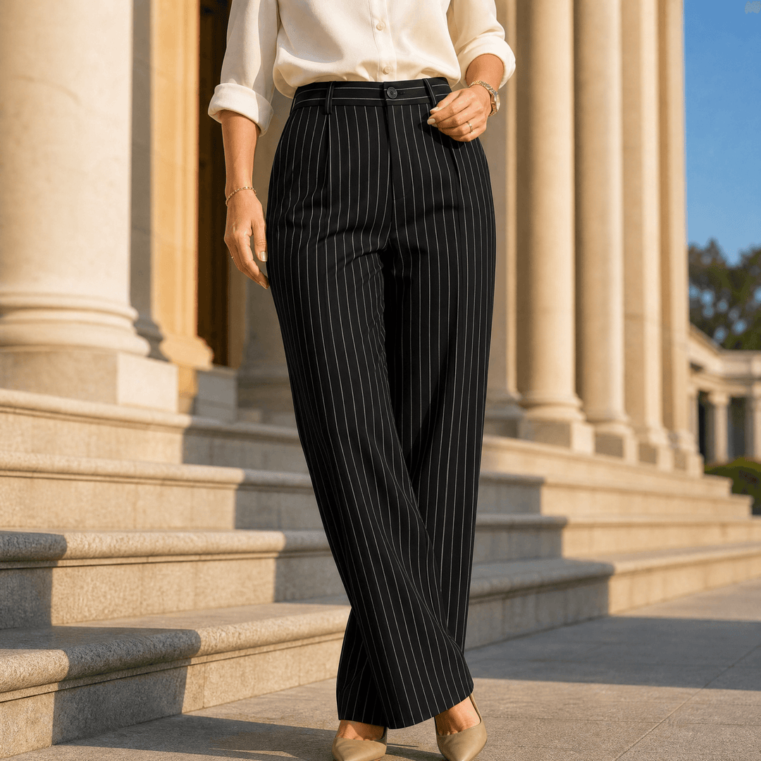 Solène – Women's High-Waisted Striped Wide-Leg Trousers Black