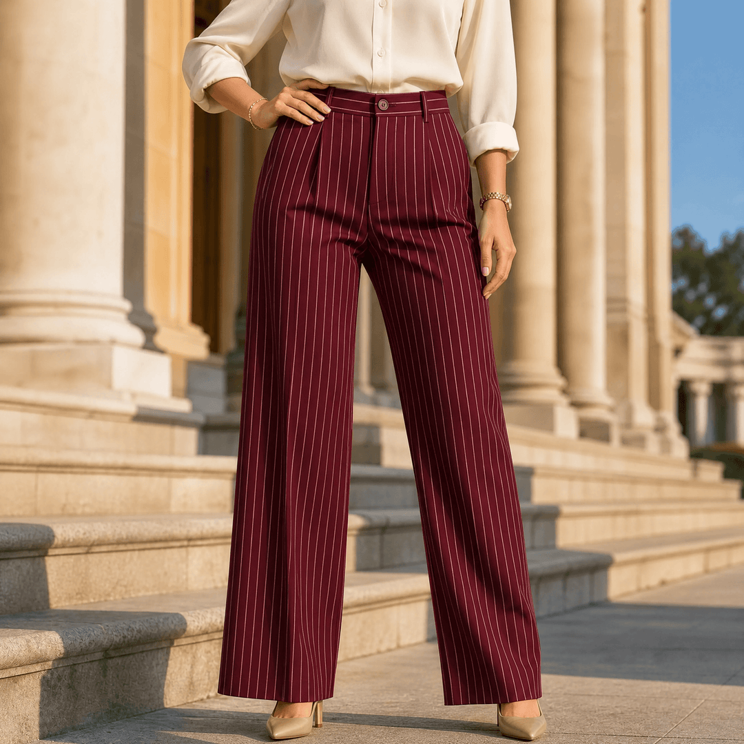 Solène – Women's High-Waisted Striped Wide-Leg Trousers Deep Red