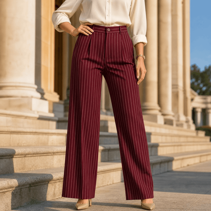 Solène – Women's High-Waisted Striped Wide-Leg Trousers Deep Red