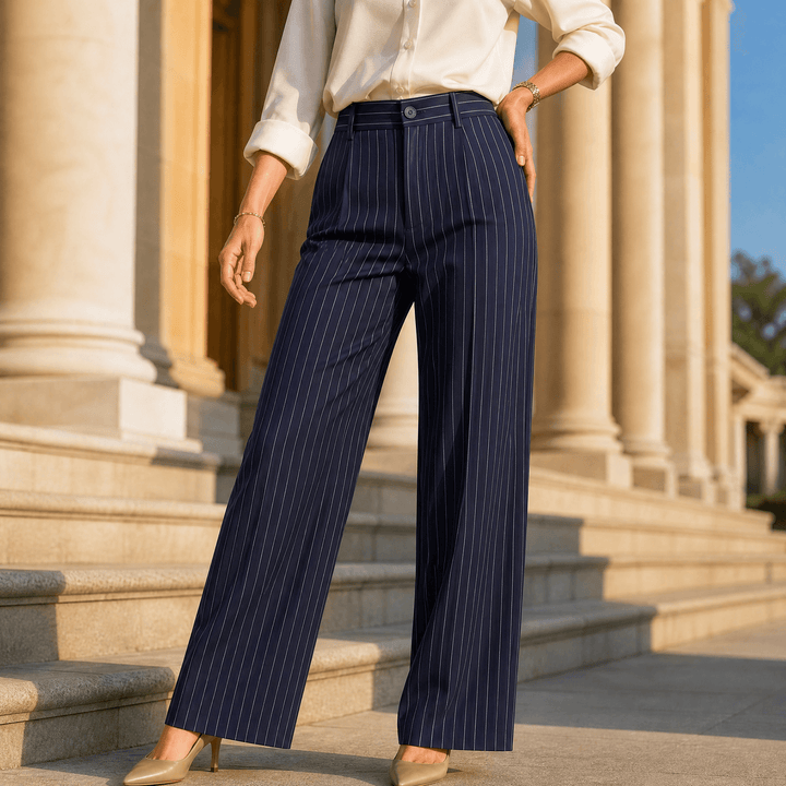 Solène – Women's High-Waisted Striped Wide-Leg Trousers Navy