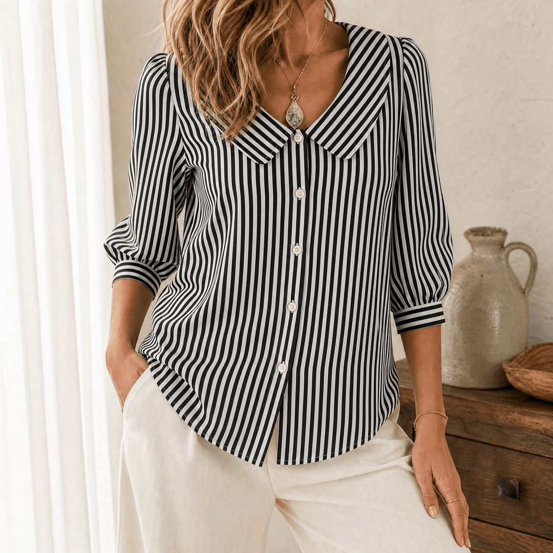 Solène – Women's Striped Sailor Collar Blouse with Puff Sleeves Classic Black / S