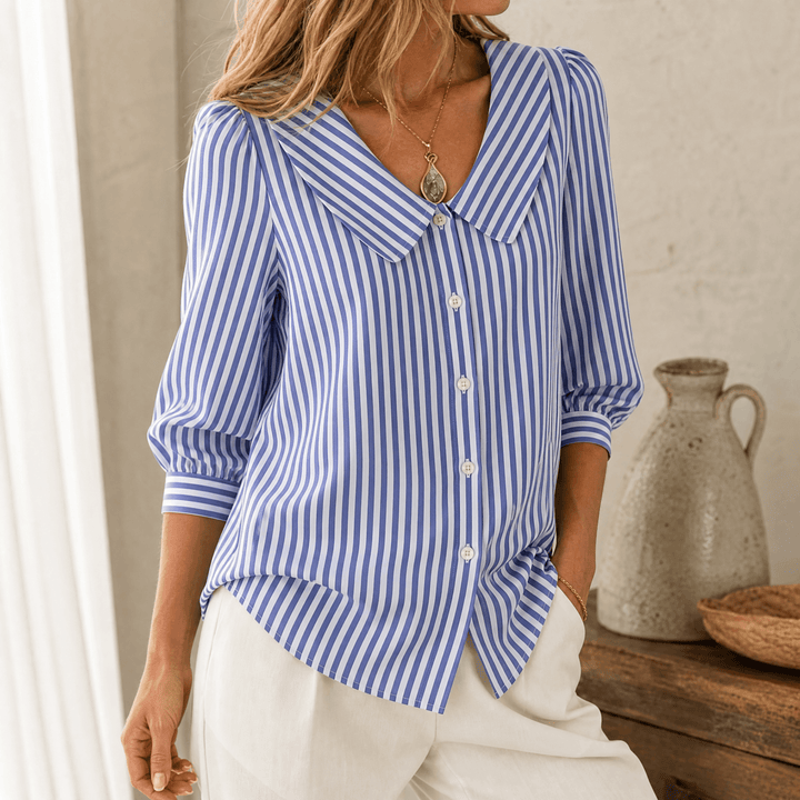 Solène – Women's Striped Sailor Collar Blouse with Puff Sleeves Coastal Blue / S