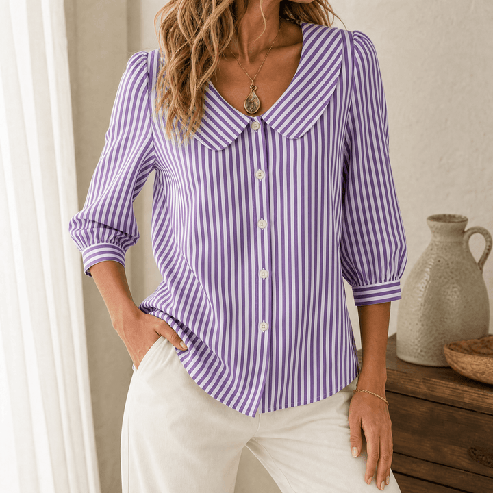 Solène – Women's Striped Sailor Collar Blouse with Puff Sleeves Lavender Purple / S