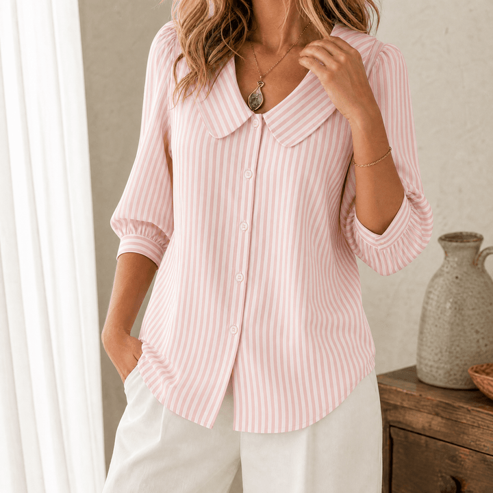 Solène – Women's Striped Sailor Collar Blouse with Puff Sleeves Soft Pink / S