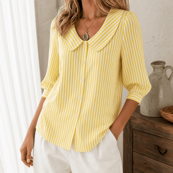 Solène – Women's Striped Sailor Collar Blouse with Puff Sleeves Sunshine Yellow / S
