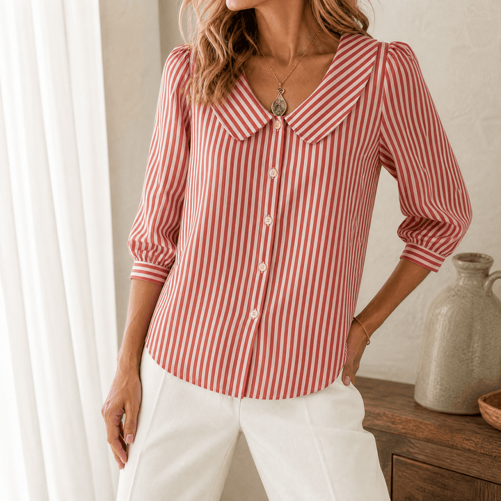 Solène – Women's Striped Sailor Collar Blouse with Puff Sleeves Terracotta Red / S