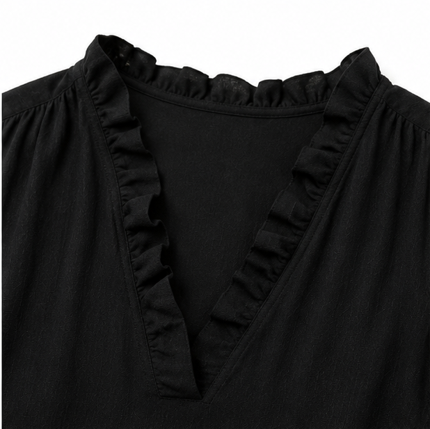 Soléra – Boho Ruffle V-Neck Maxi Dress with Roll-Up Sleeves
