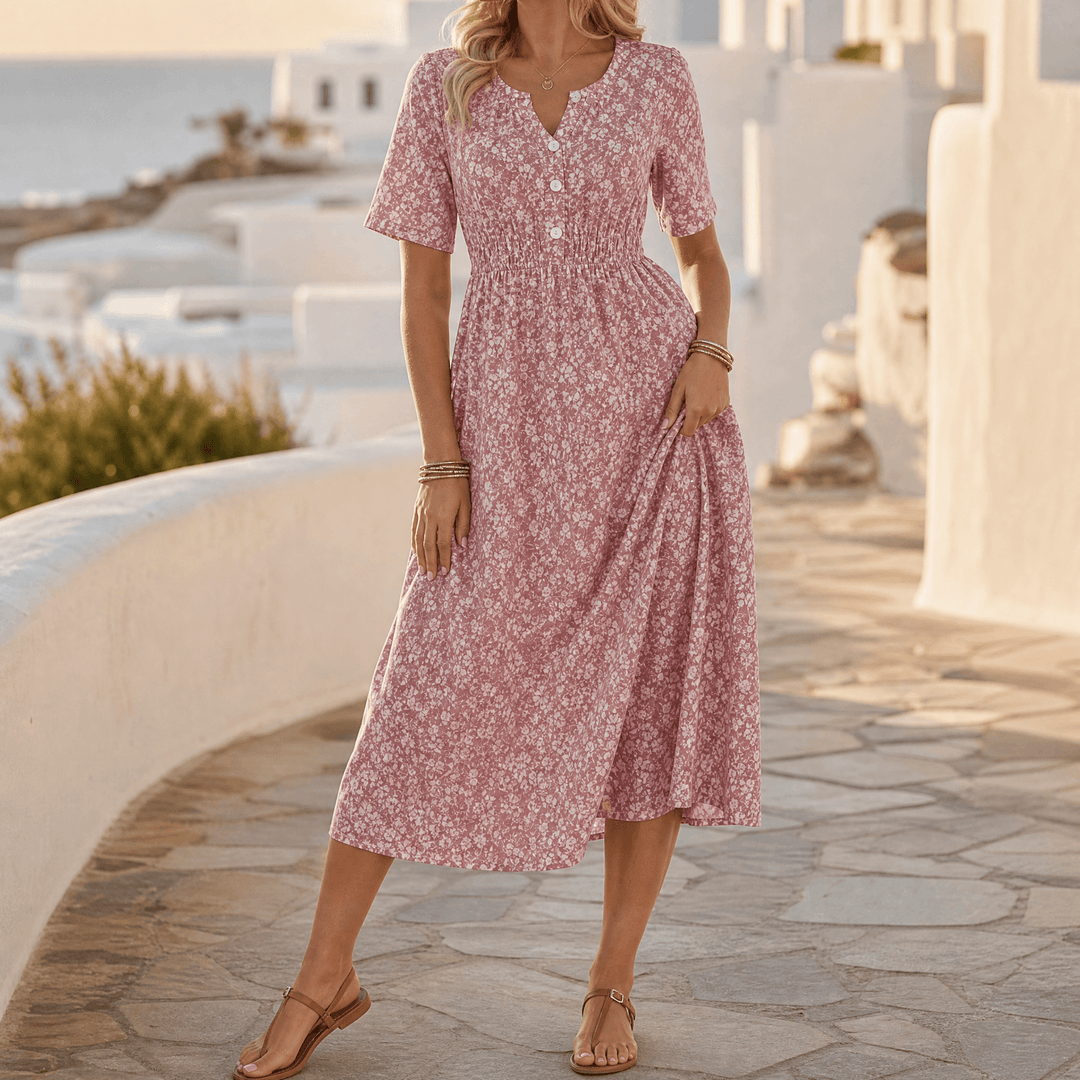 Soléra – Women's Floral V-Neck Midi Dress with Pockets Dusty Rose