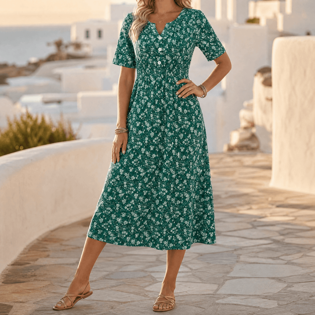 Soléra – Women's Floral V-Neck Midi Dress with Pockets Green