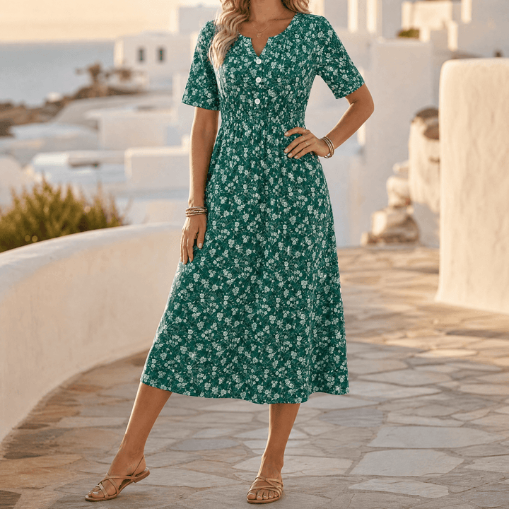 Soléra – Women's Floral V-Neck Midi Dress with Pockets Green