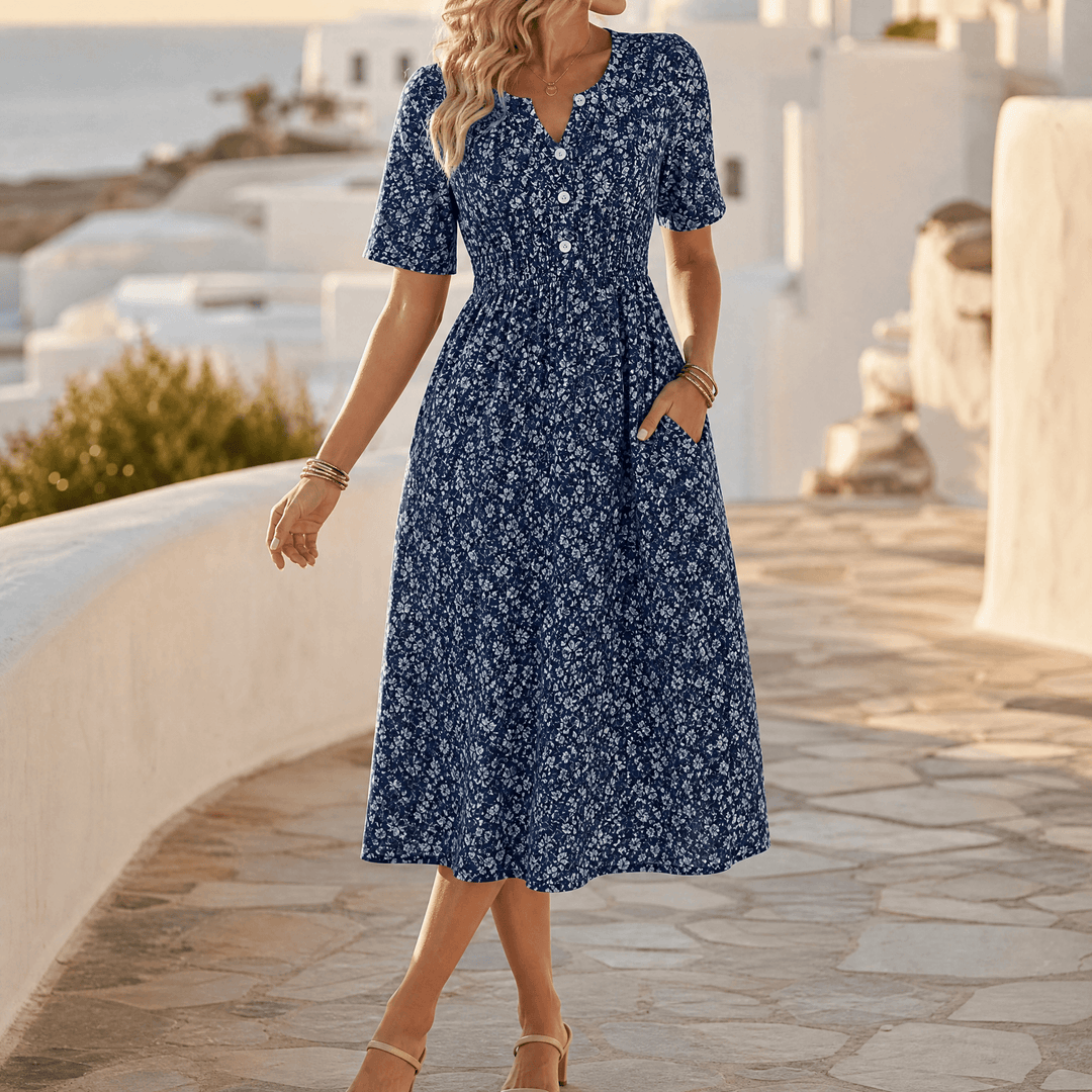 Soléra – Women's Floral V-Neck Midi Dress with Pockets Navy Blue