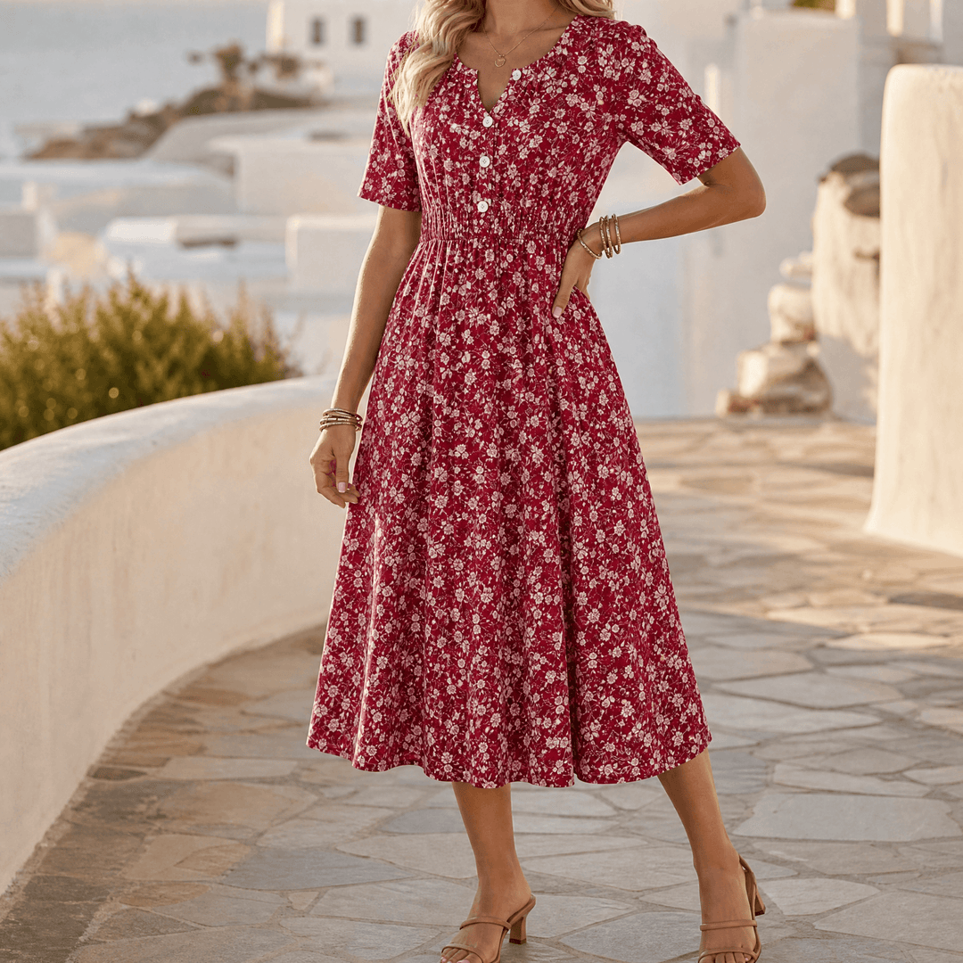 Soléra – Women's Floral V-Neck Midi Dress with Pockets Red