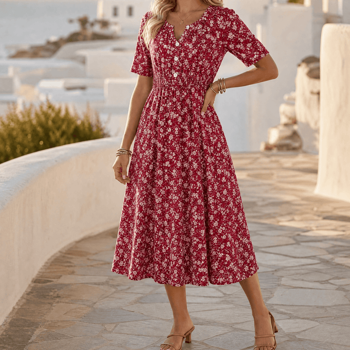 Soléra – Women's Floral V-Neck Midi Dress with Pockets Red