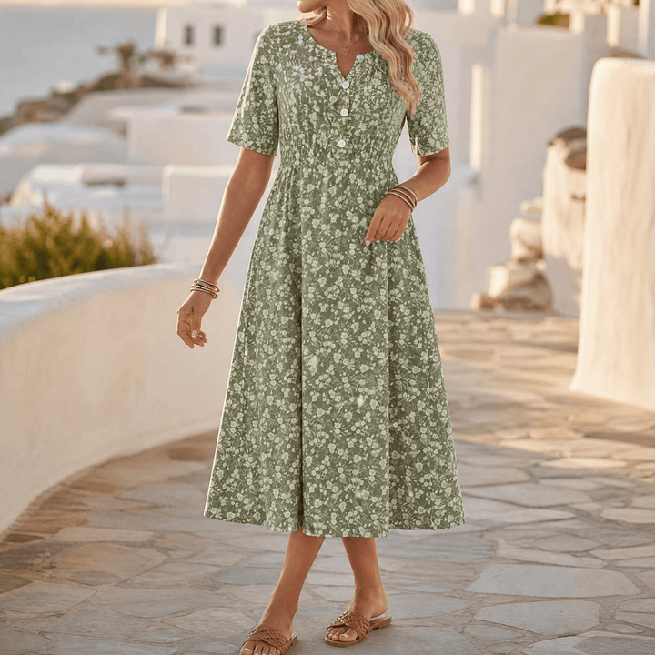 Soléra – Women's Floral V-Neck Midi Dress with Pockets Sage Green