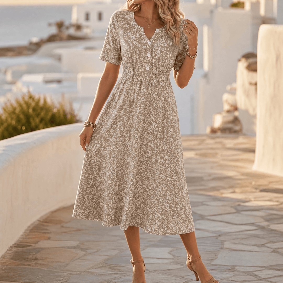 Soléra – Women's Floral V-Neck Midi Dress with Pockets Sand Beige