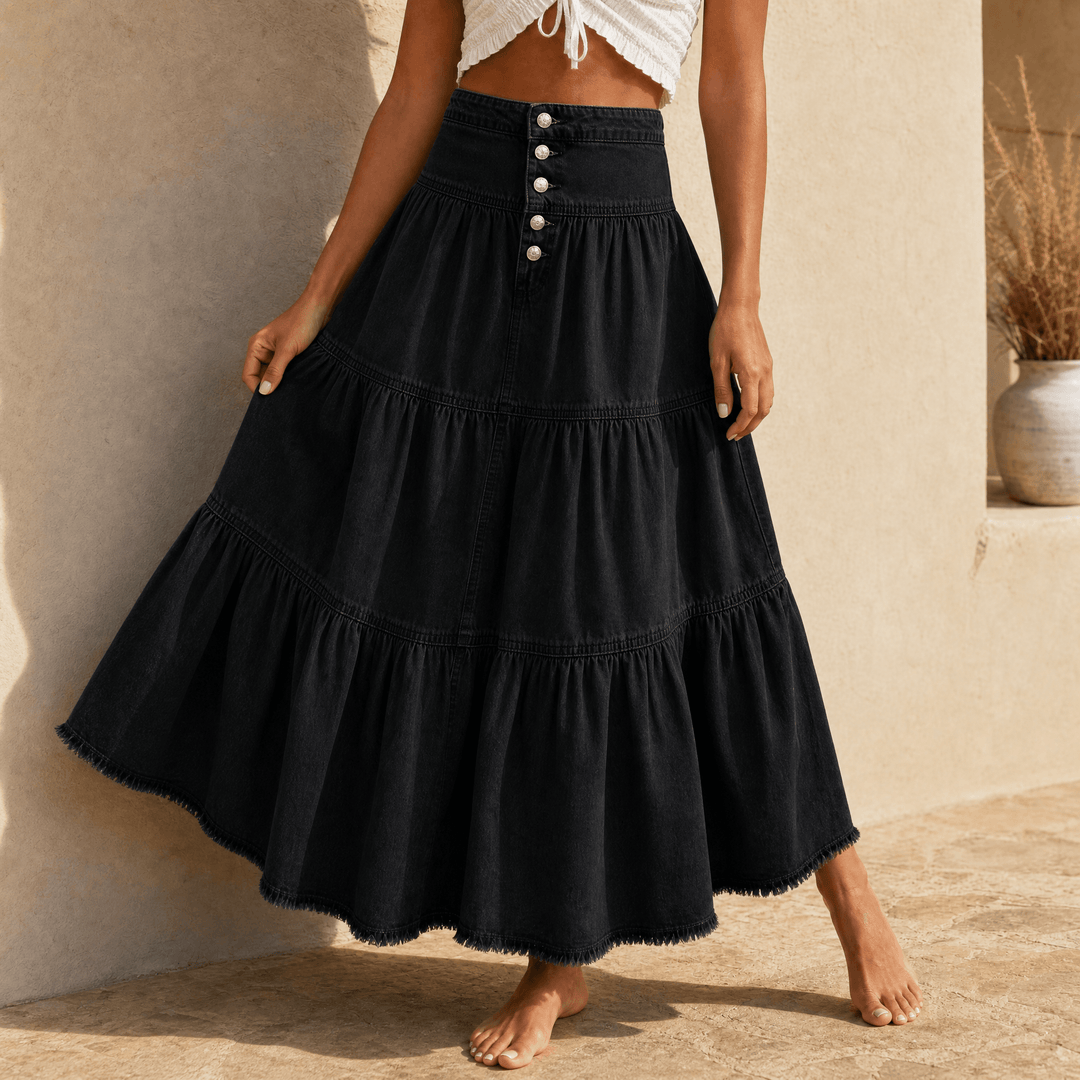 Soléra – Women's Soft Button-Front Denim Maxi Skirt Black