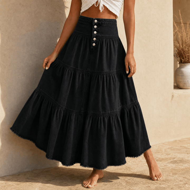 Soléra – Women's Soft Button-Front Denim Maxi Skirt Black