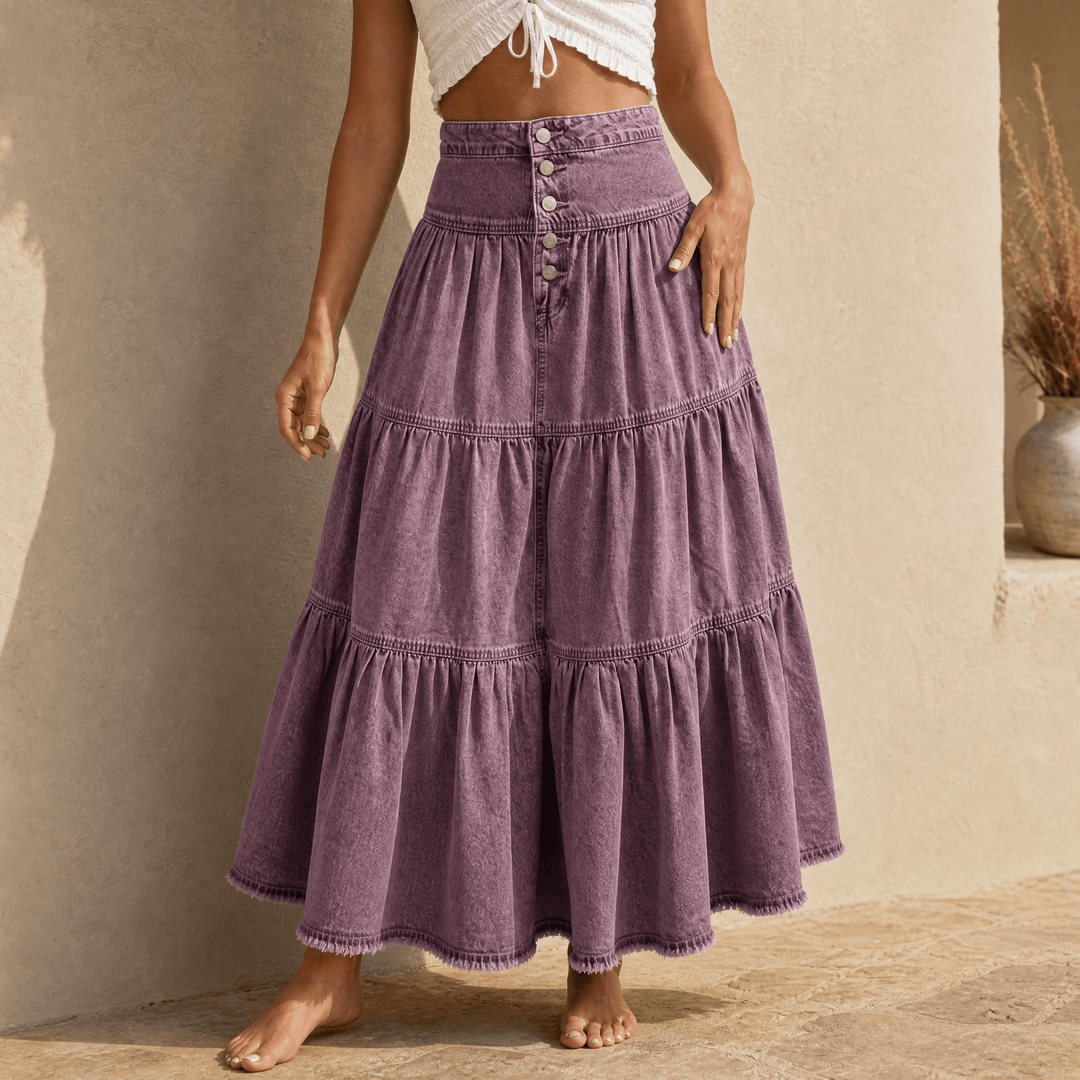 Soléra – Women's Soft Button-Front Denim Maxi Skirt Dusty Mauve