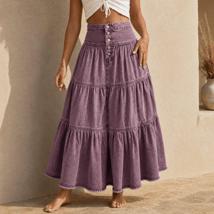 Soléra – Women's Soft Button-Front Denim Maxi Skirt Dusty Mauve