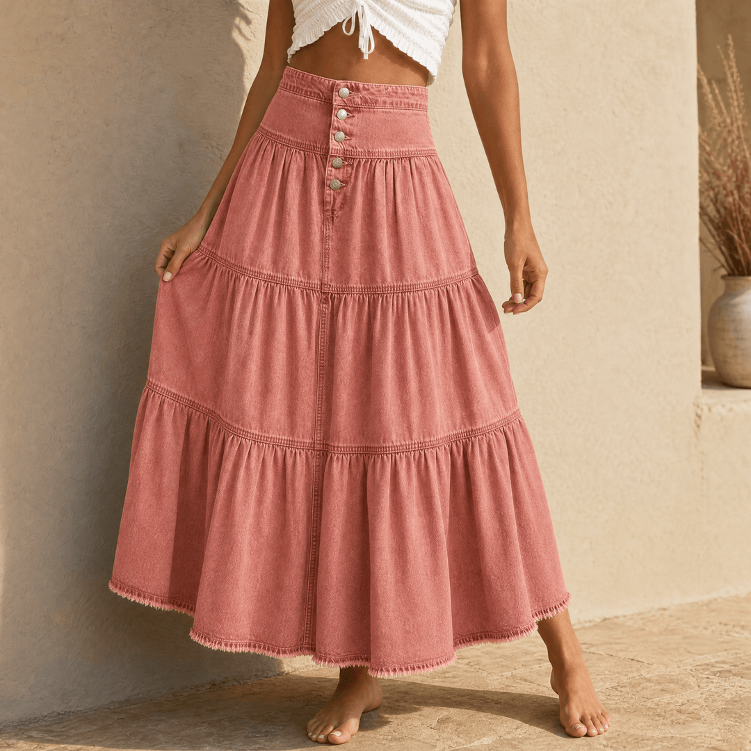 Soléra – Women's Soft Button-Front Denim Maxi Skirt Dusty Rose