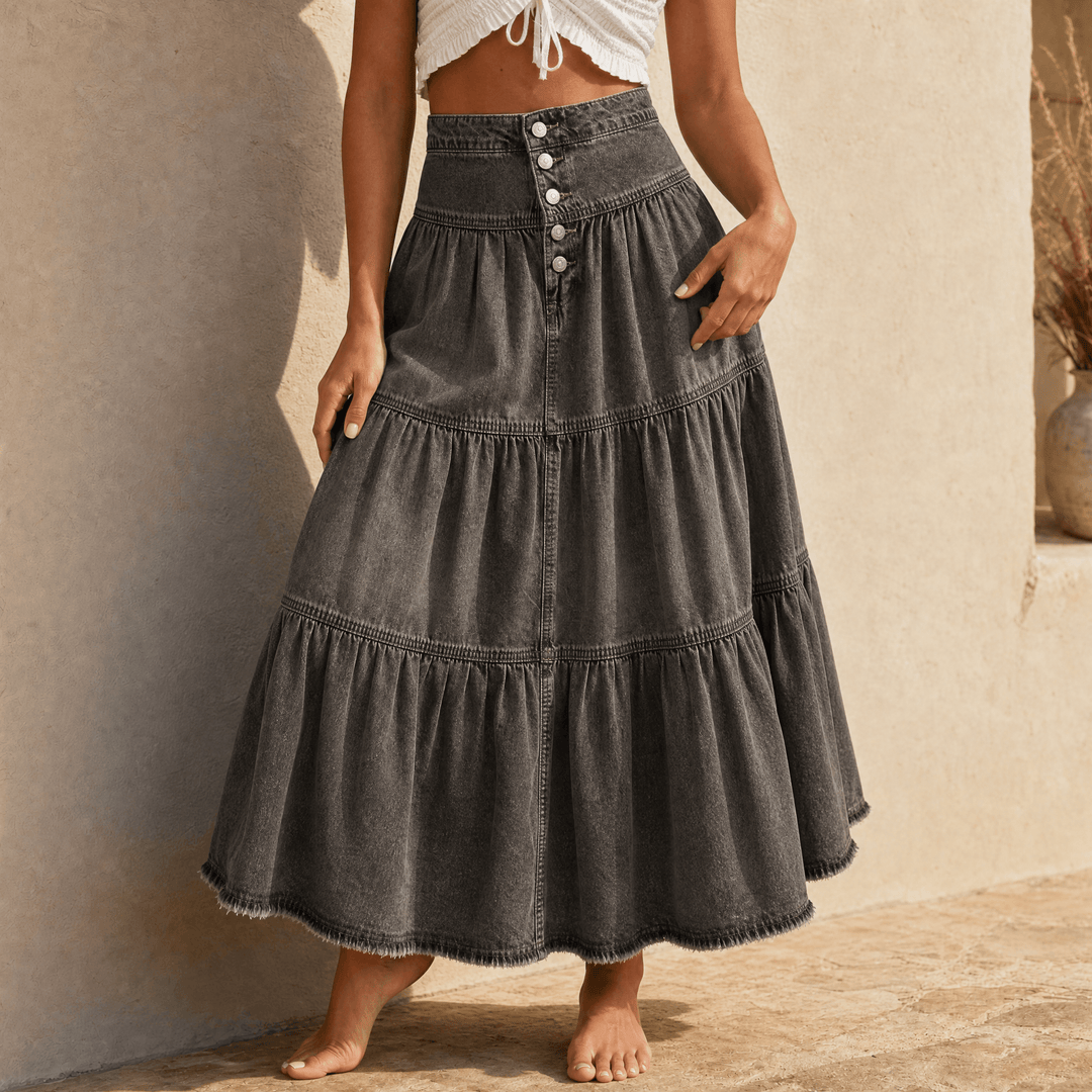 Soléra – Women's Soft Button-Front Denim Maxi Skirt Gray