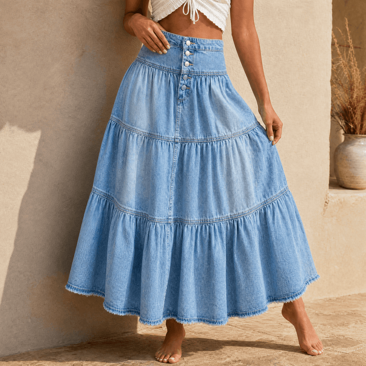 Soléra – Women's Soft Button-Front Denim Maxi Skirt Light Wash Blue