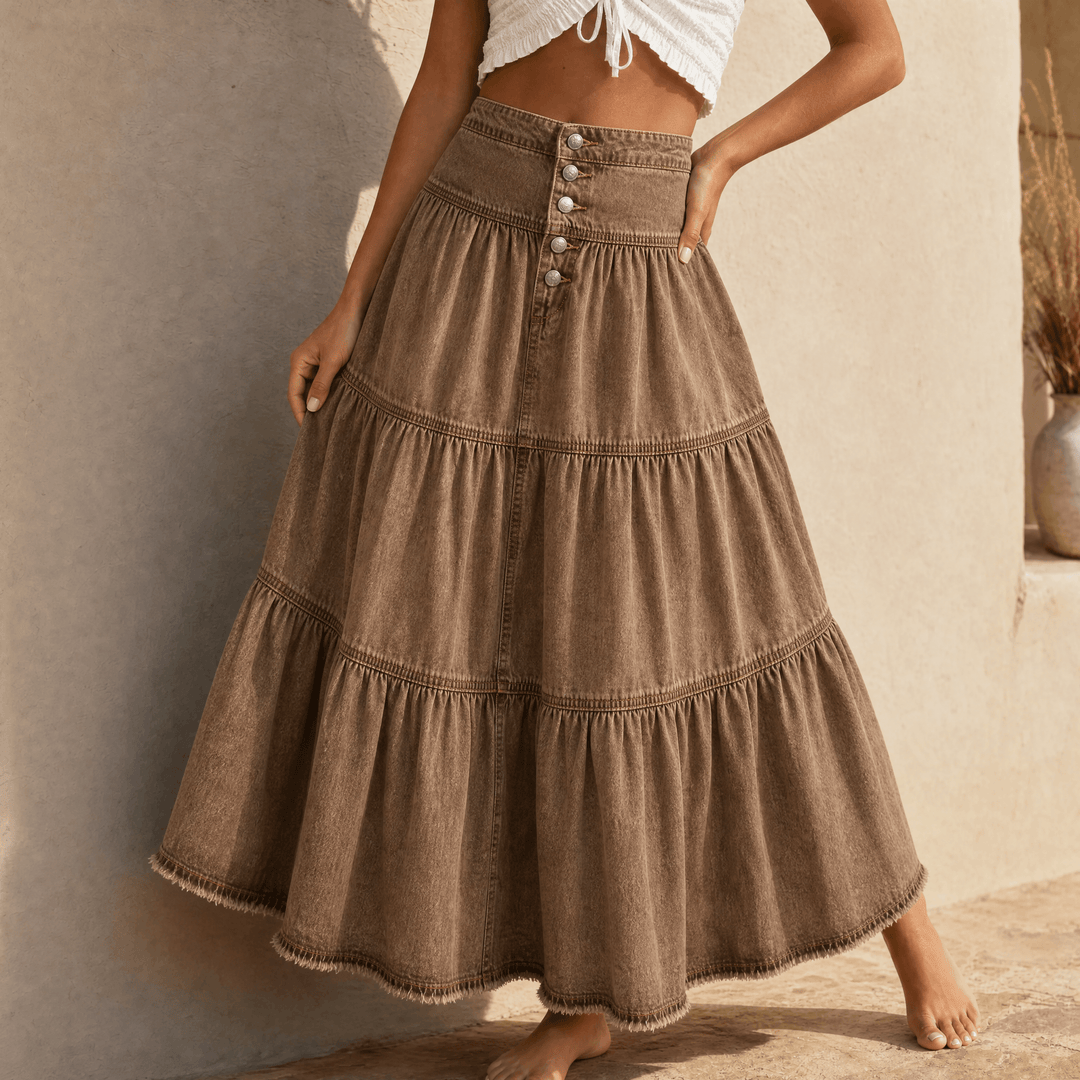 Soléra – Women's Soft Button-Front Denim Maxi Skirt Olive Brown