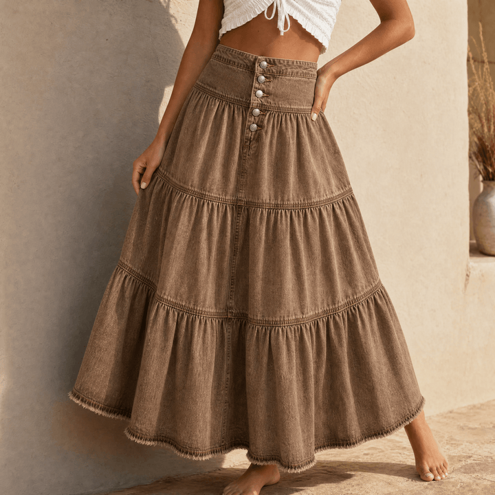 Soléra – Women's Soft Button-Front Denim Maxi Skirt Olive Brown