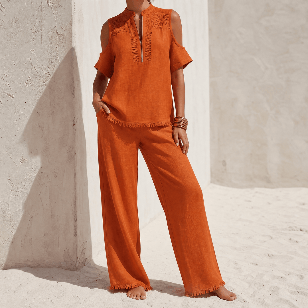 Soléva – Women's Crochet Linen Vacation Set Burnt Orange / S