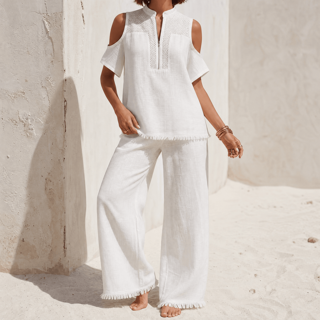 Soléva – Women's Crochet Linen Vacation Set Ivory White / S