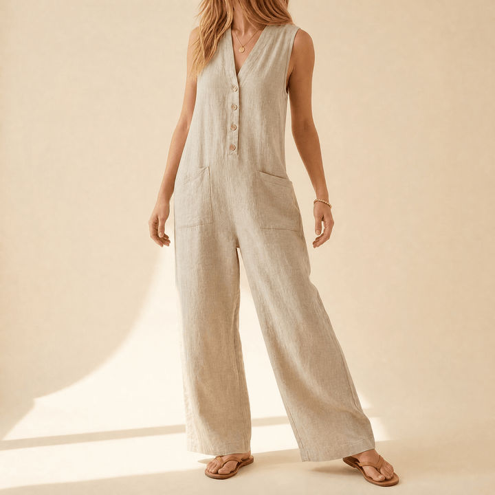 Solaine – Women's breezy button front jumpsuit Apricot