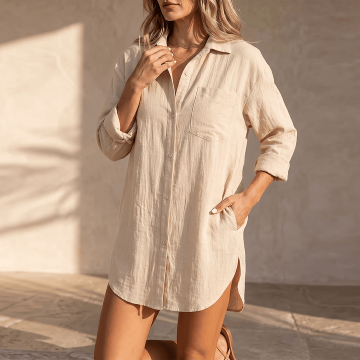 Solaire – Women's breathable cotton button up shirt Apricot /