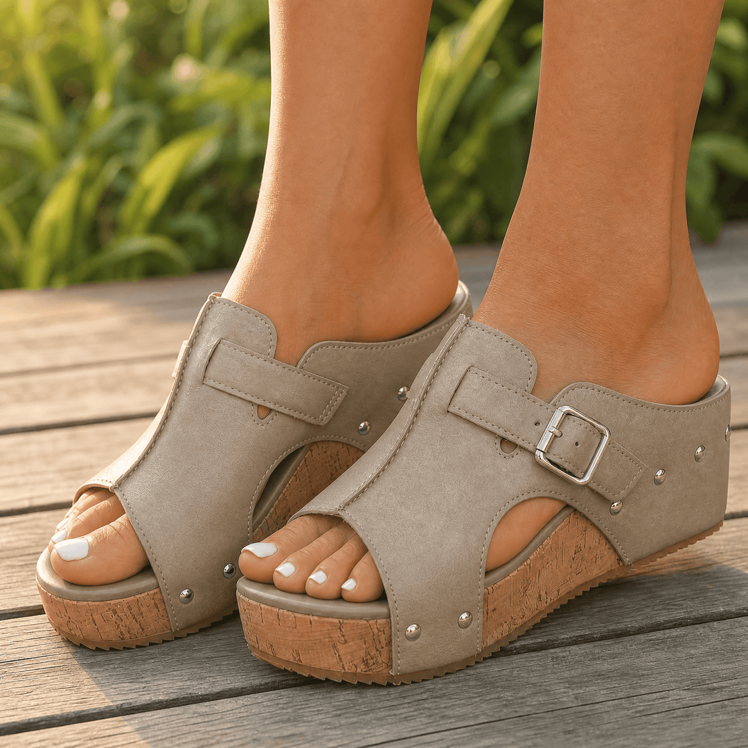 Solana – Retro Cork Wedge Sandals with Rivet Detail Beige With Strap / 6