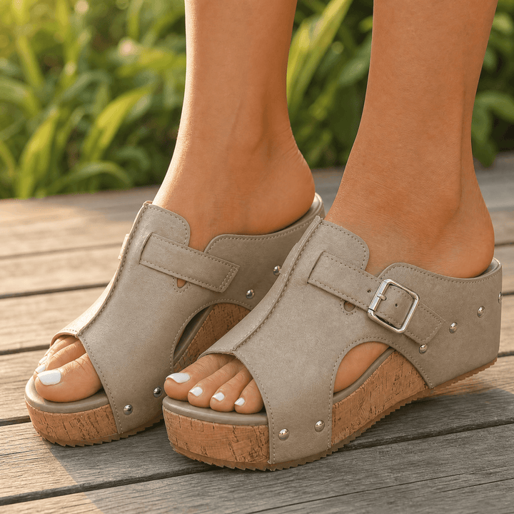 Solana – Retro Cork Wedge Sandals with Rivet Detail Beige With Strap / 6