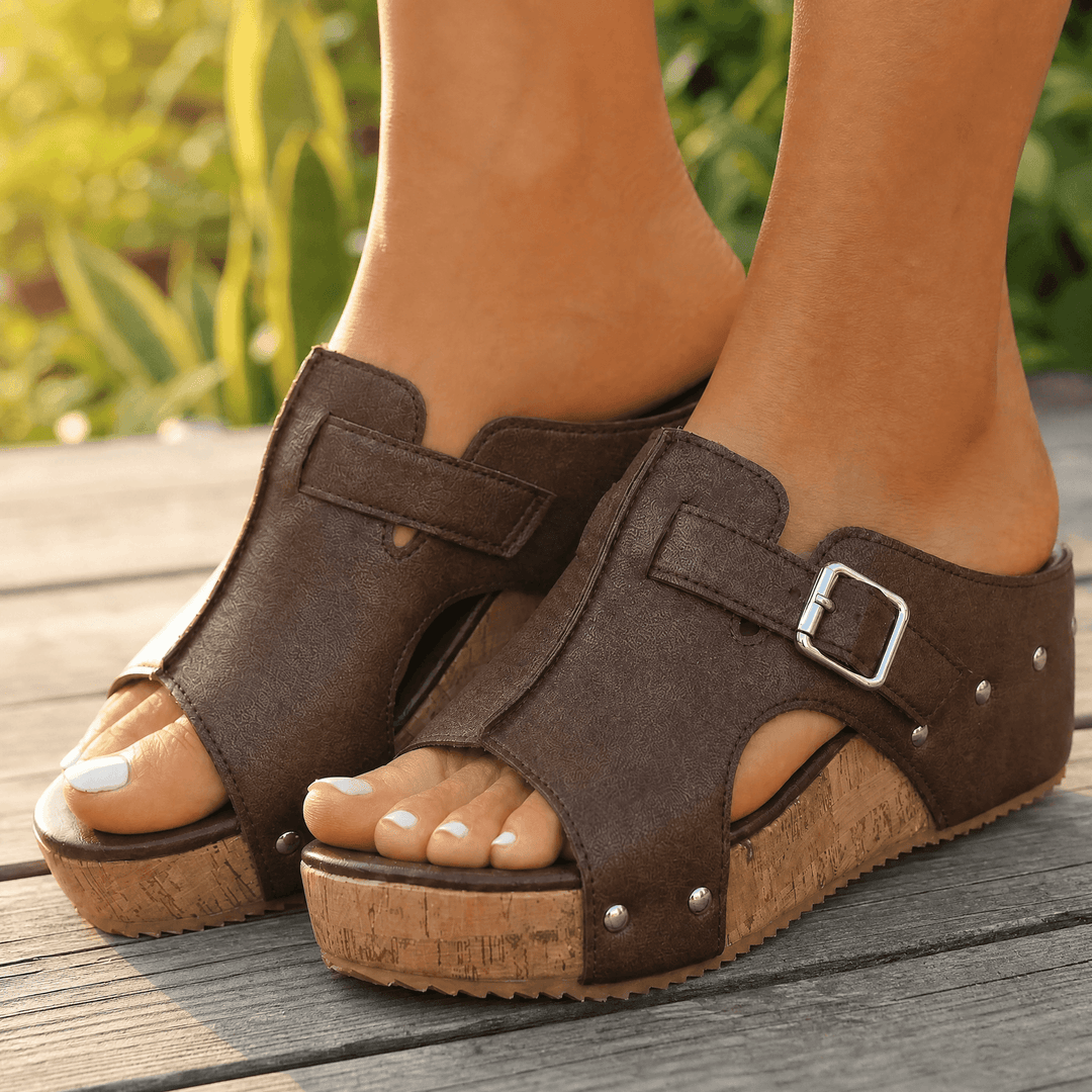 Solana – Retro Cork Wedge Sandals with Rivet Detail Brown With Strap / 6
